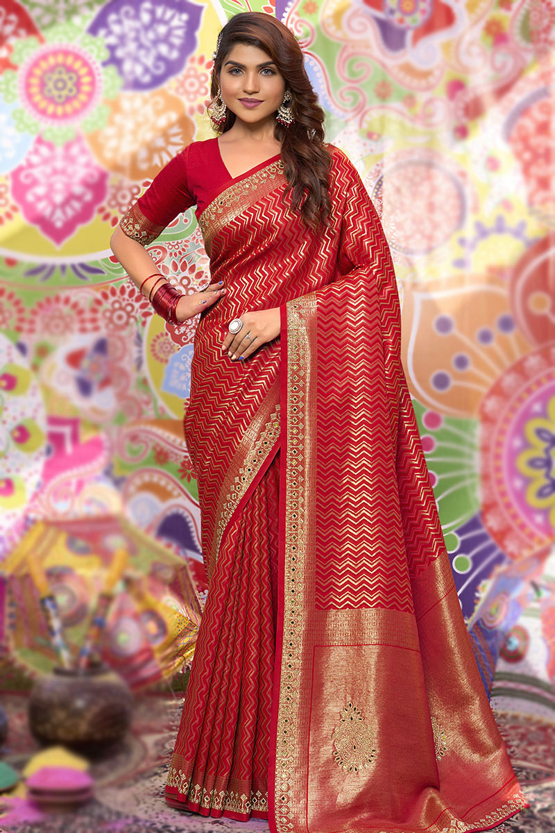 Cherry Red Weaved Zari Silk Traditional Wedding Wear Saree SARV174738