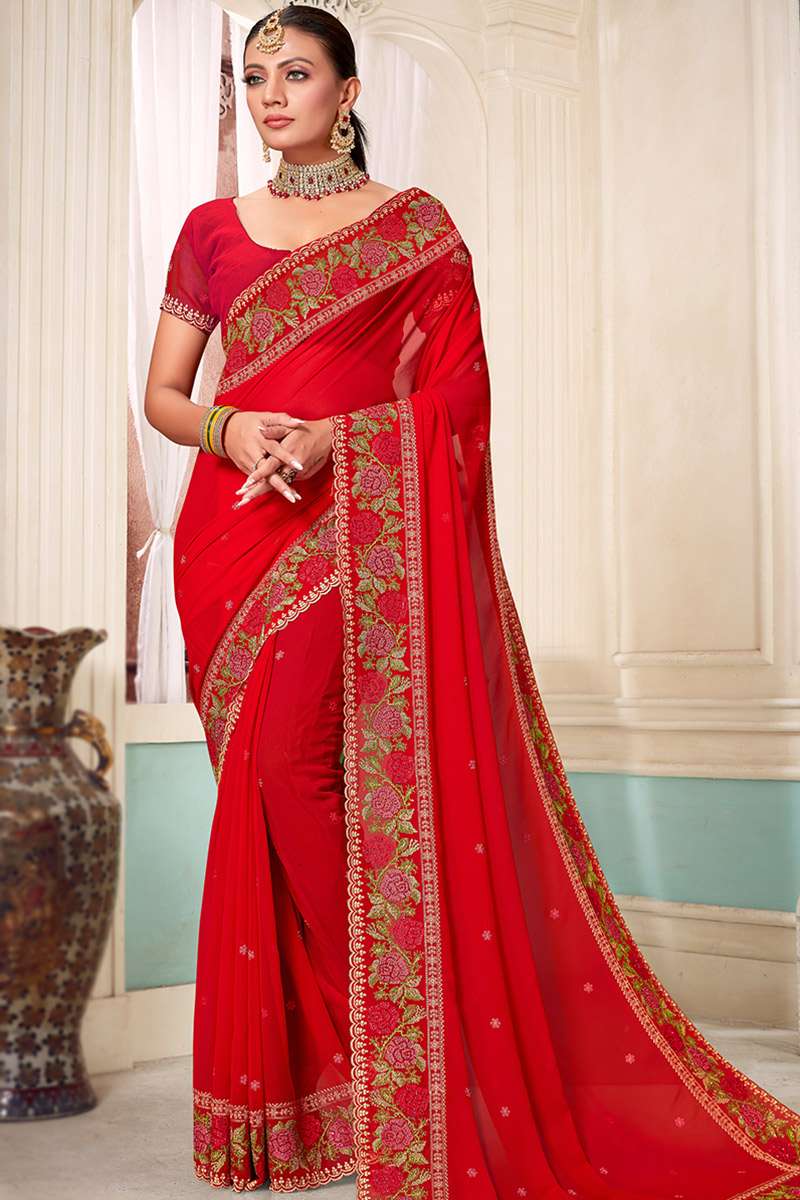 Cherry Red Zari Embroidered Georgette Saree