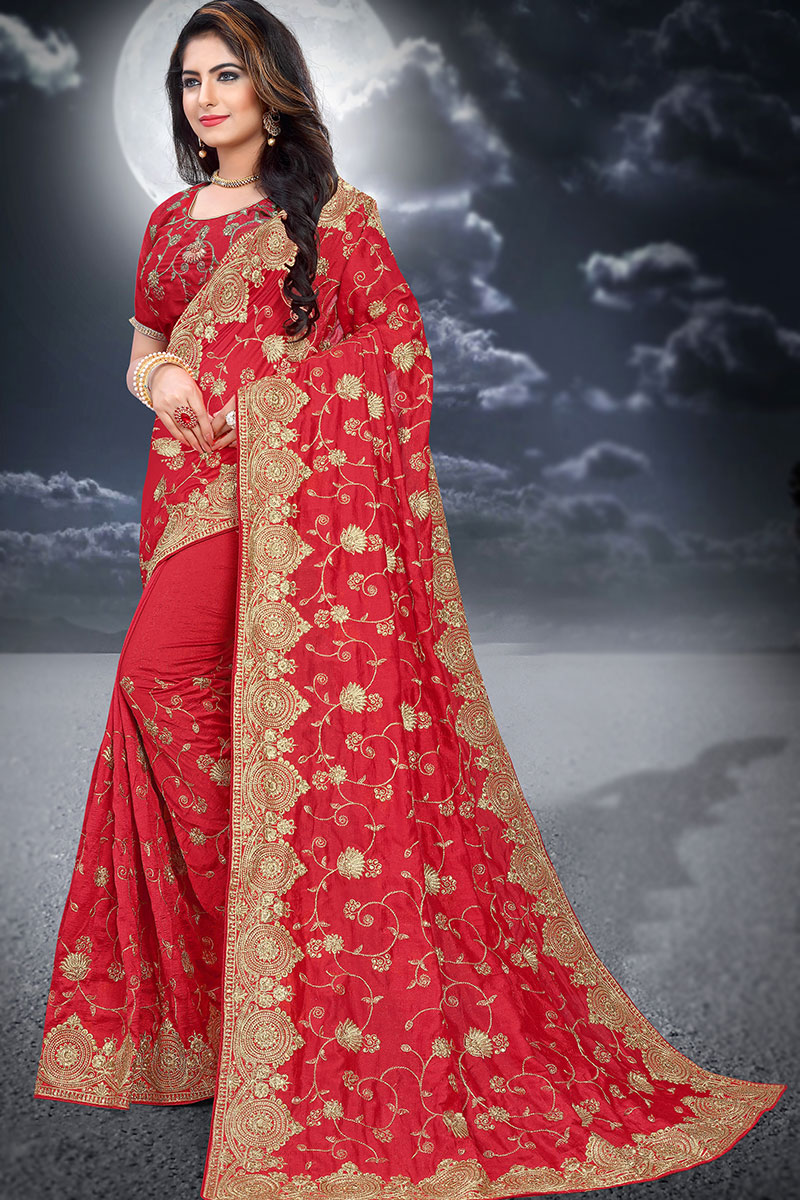 Red Heavy Embroidery Vichitra Silk saree with Blouse| Vichitra Silk Saree With Heavy Embroidery| Silk Saree fashion For Women| Indian Sarees