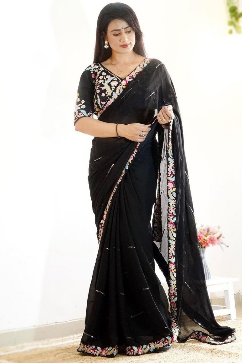 Black Sequins Chiffon outlet Saree