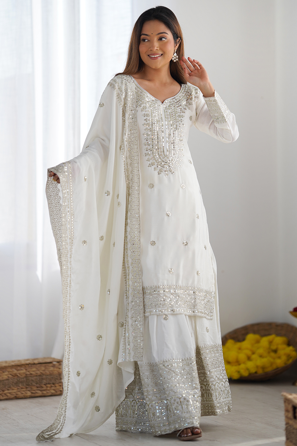 white and gold sharara dress Classic White Satin Sharara Suit with Intricate Embroidery & Matching Dupatta Elegant Occasion Wear White / S / 3 Days