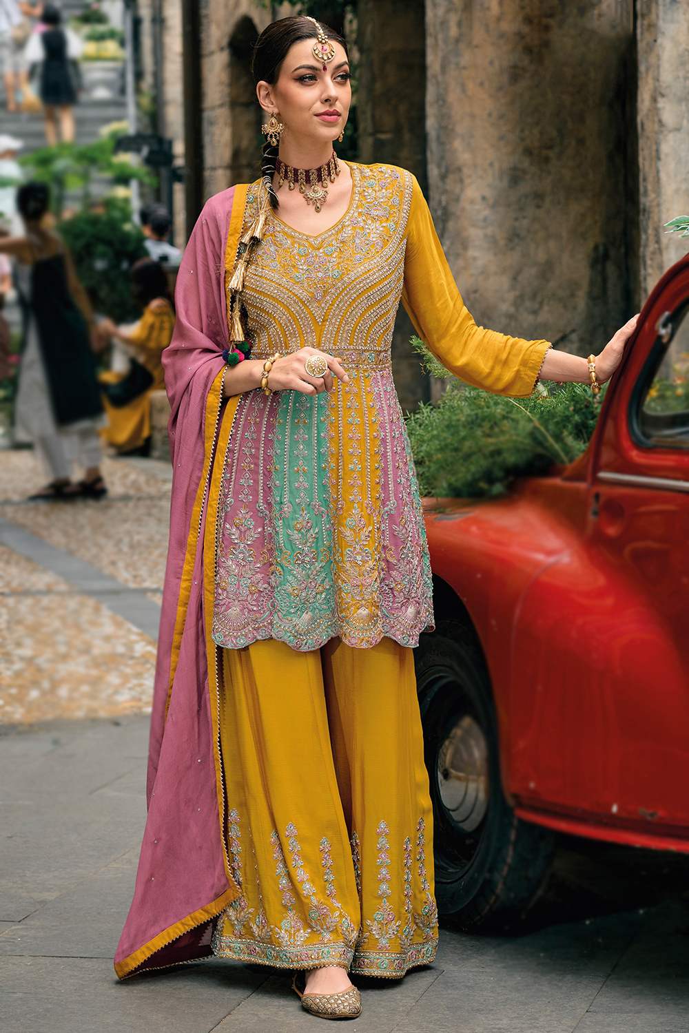 Chinnon Embroidered Frock Style Mustard Yellow Palazzo Suit LSTV130976