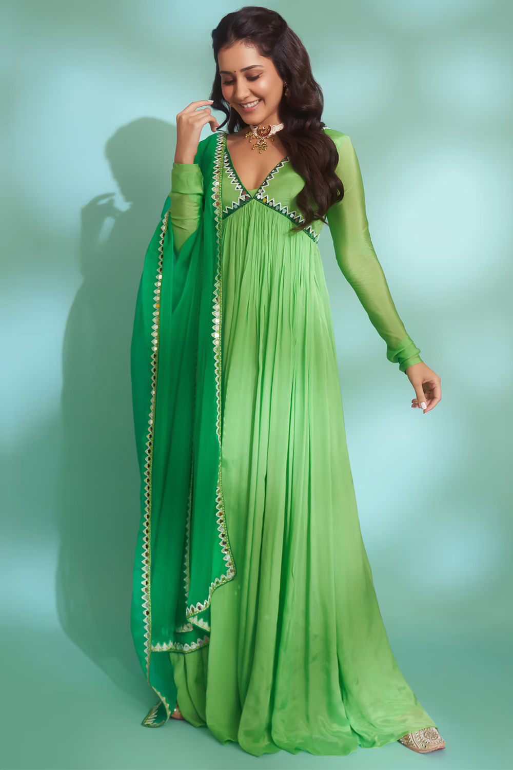 Andaaz Fashion Women's Chinnon Light Green Embroidered Anarkali Suit Andaaz Fashion Women's Chinnon Light Green Embroidered Anarkali Suit