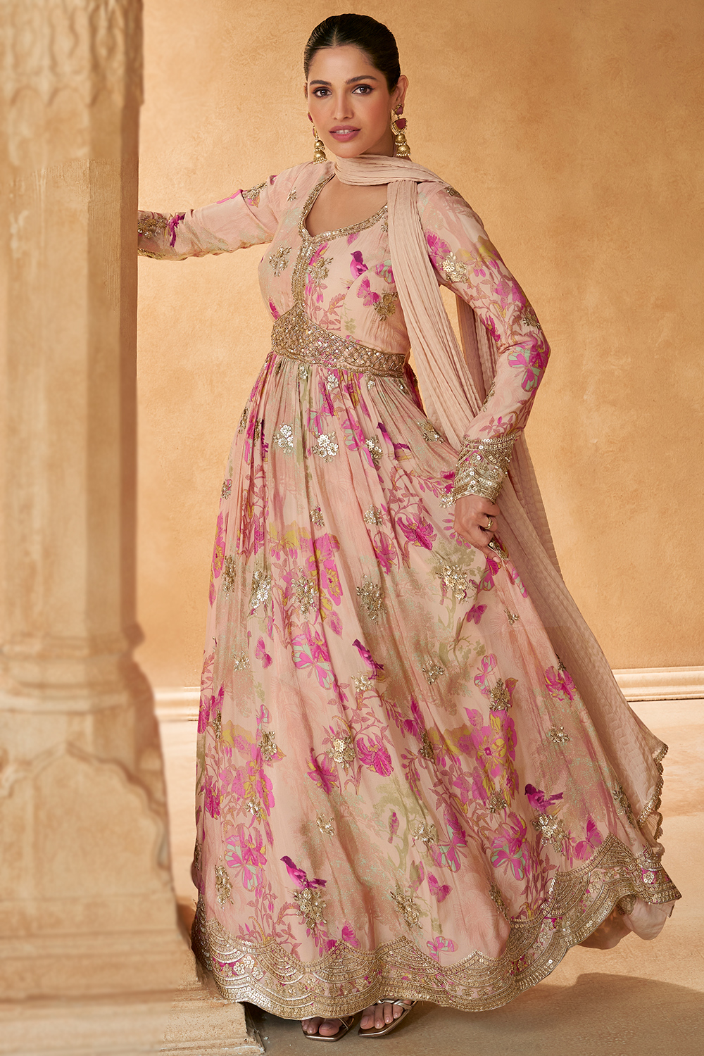 Chinnon Light Peach Printed Anarkali Suit LSTV132588