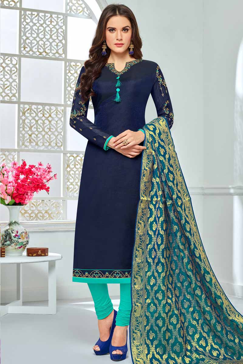 Cotton Denim Blue Churidar Suit