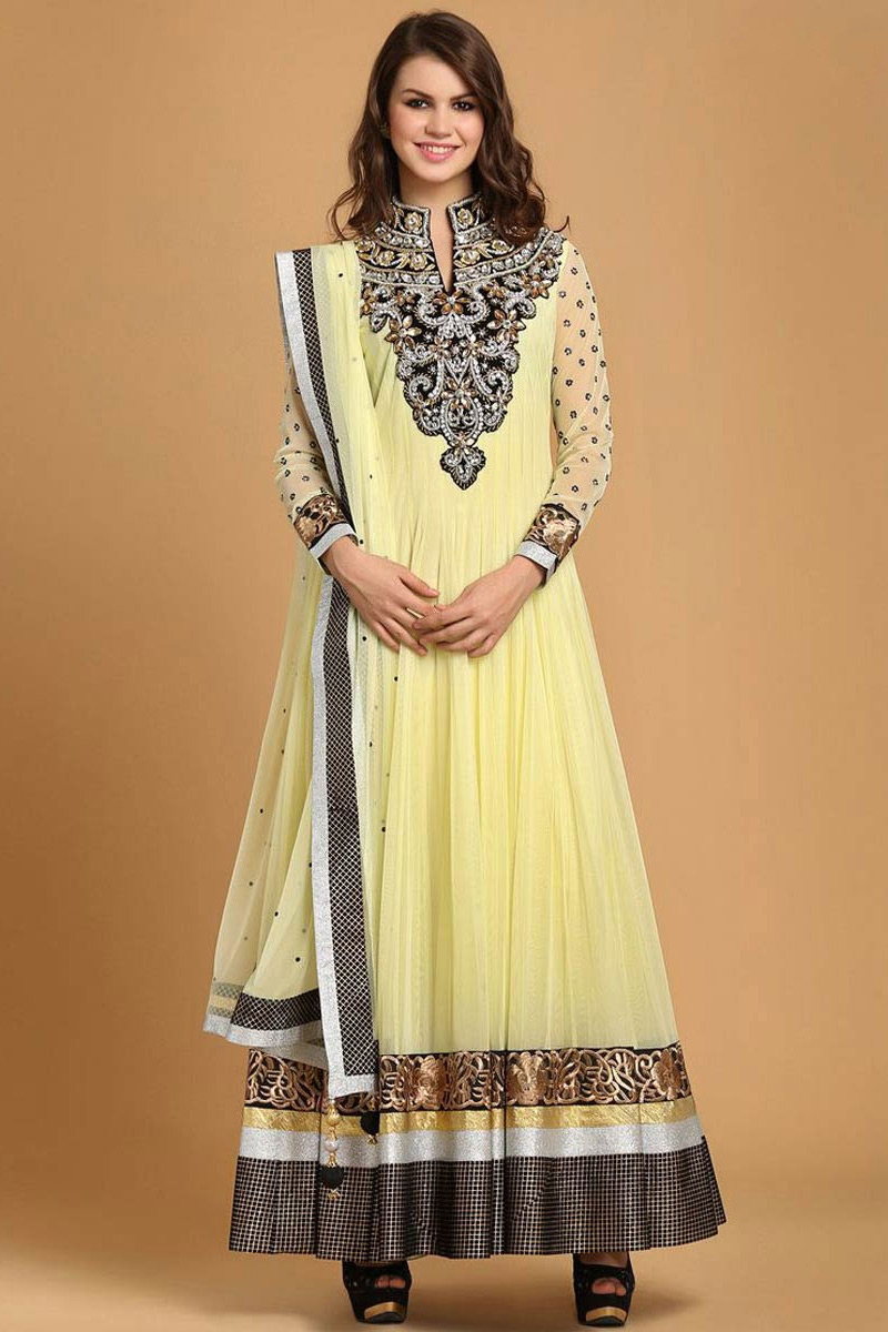 Buy Light Yellow polyester net Anarkali Churidar Online 1602 Andaaz Fashion