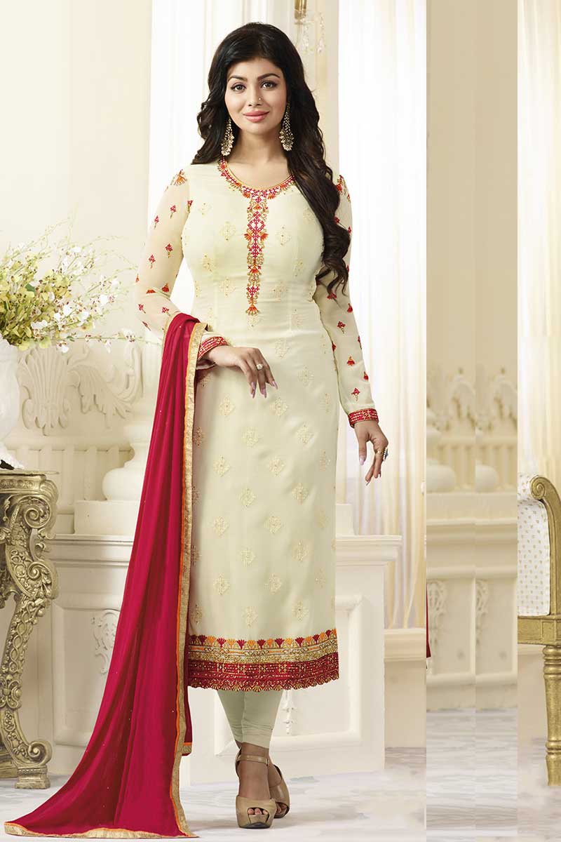Off White Georgette Embroidered Churidar Suit