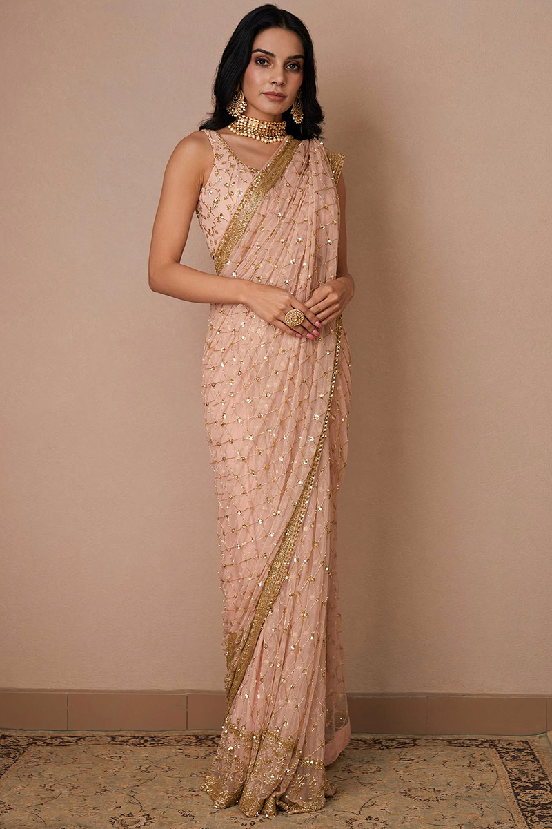 Coral Peach Embroidered Soft Silk Cocktail Party Wear Saree SARV164011