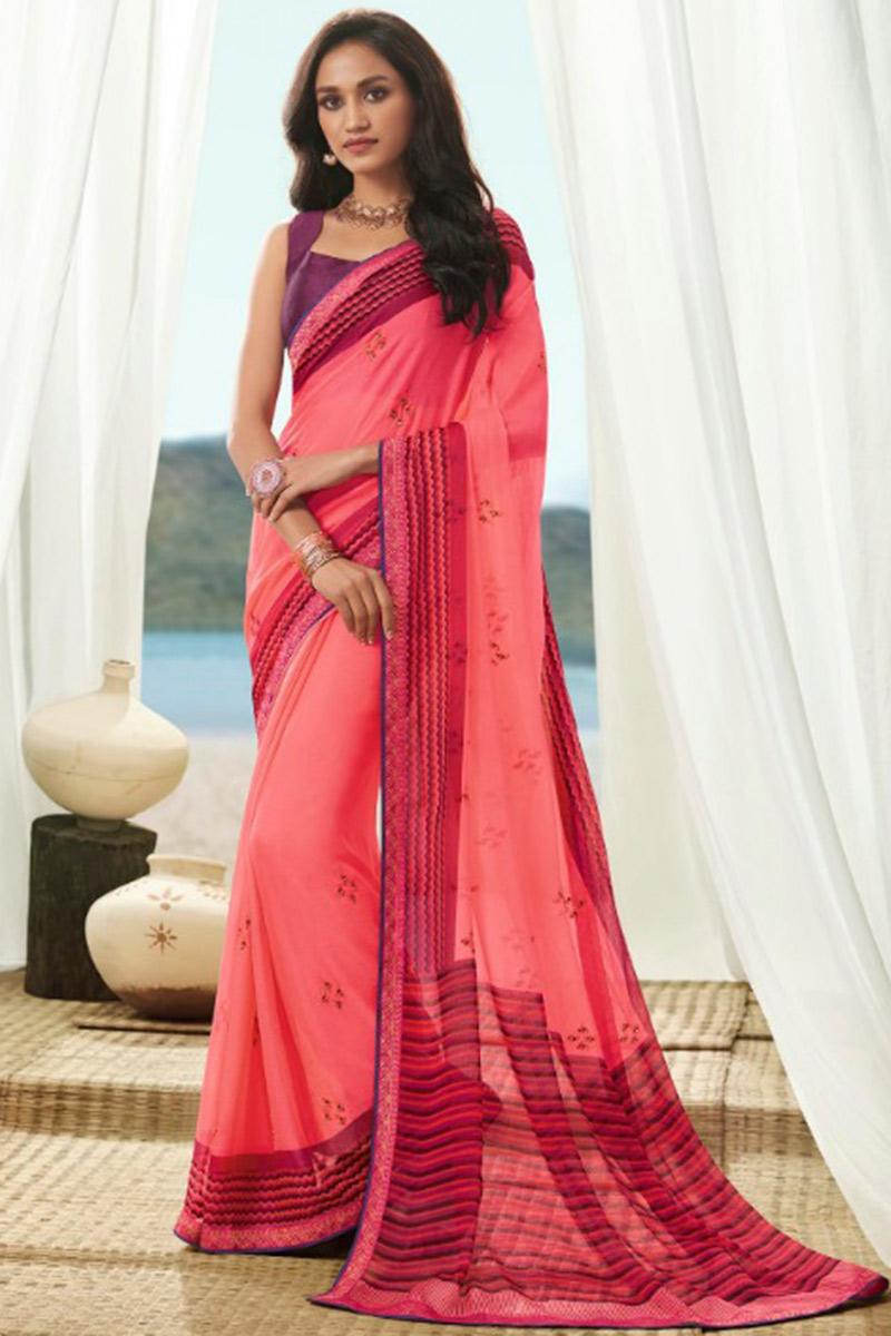Buy Coral Pink Chiffon Saree With Silk 