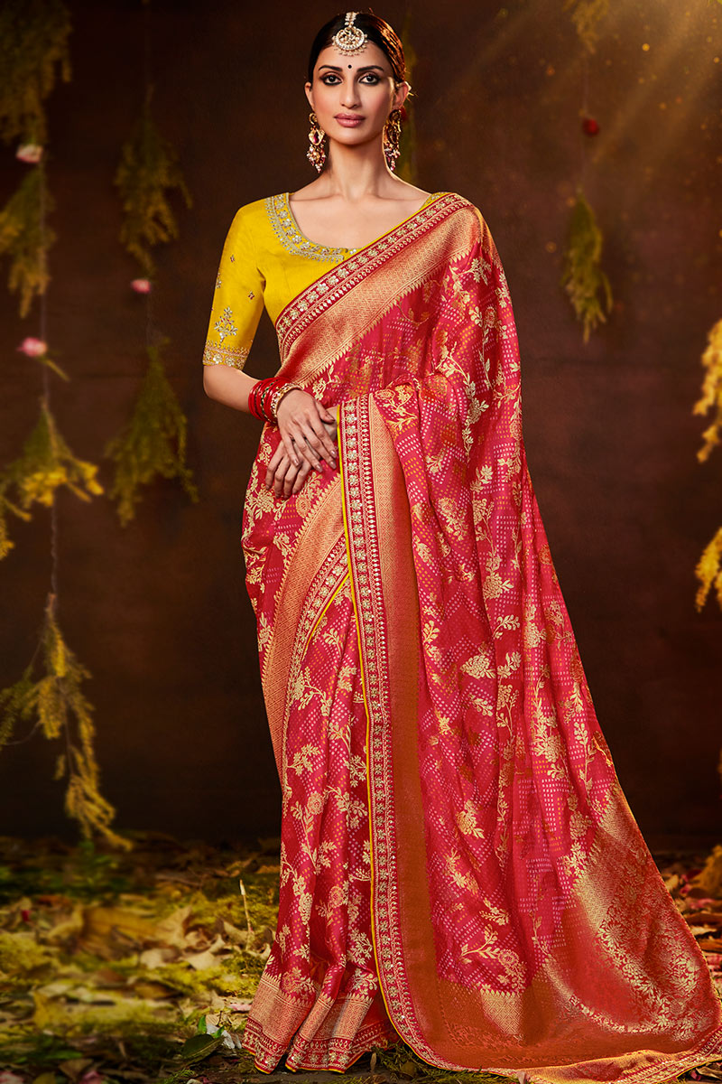 Neon Pink Embroidered Silk Saree with Red and 2024 Gold Border