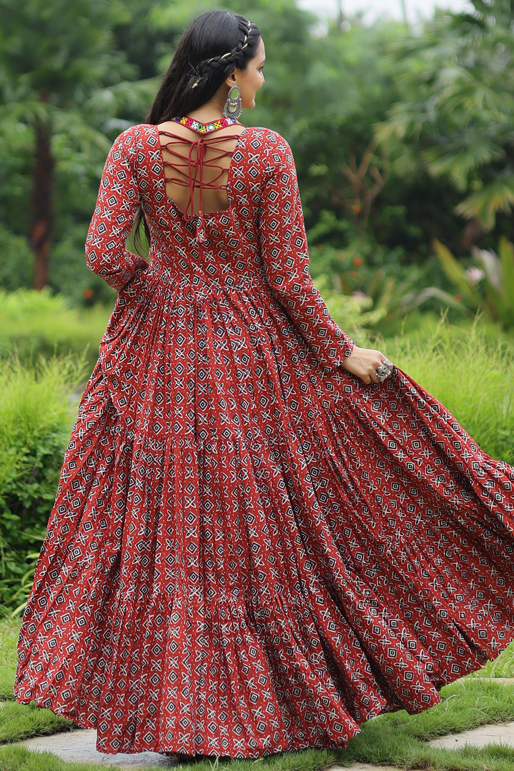 Cotton Brick Red Printed Long Gown