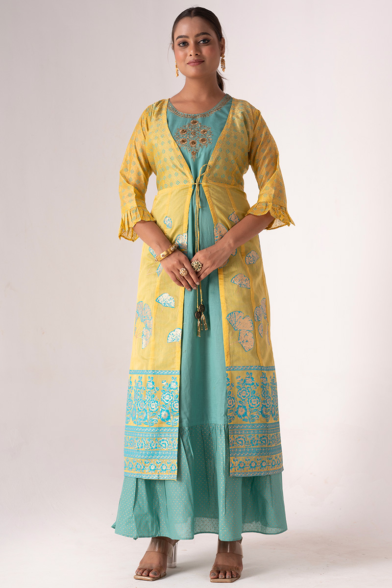 Cotton Dori Embroidered Sea Green Jacket Style Gown LSTV129881