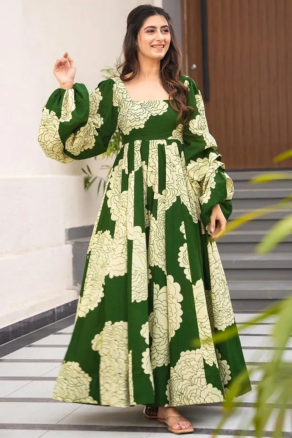 Cotton Emerald Green Anarkali Gown with Printed Work - LSTV137426