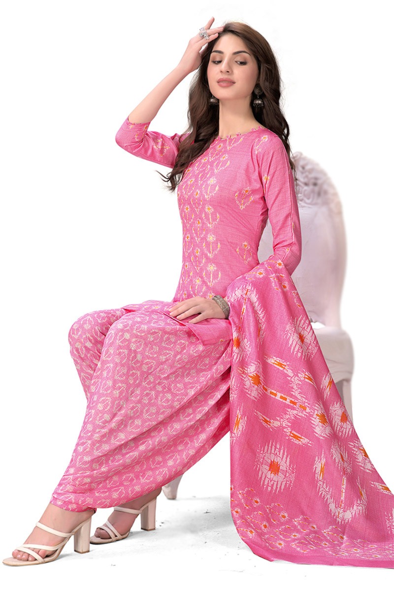 Cotton Hot Pink Printed Casual Wear Patiala Suit