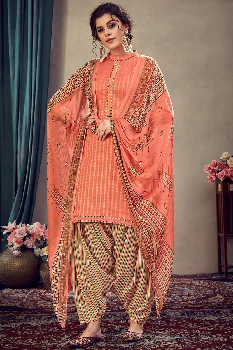 Buy Cotton Indian Patiala Suit In Peach Colour Online LSTV05357