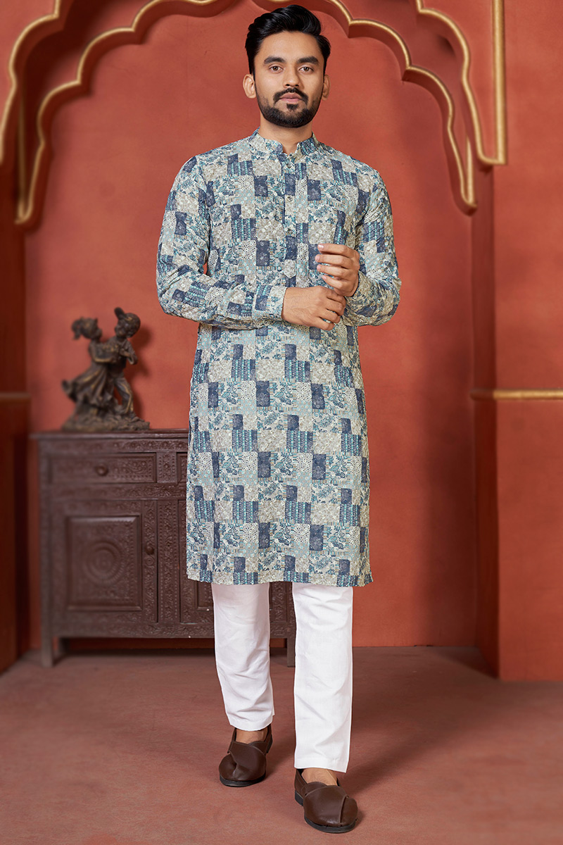 Ready Made Online Men Kurta Pajama in Light Blue Fabric MKPA04067