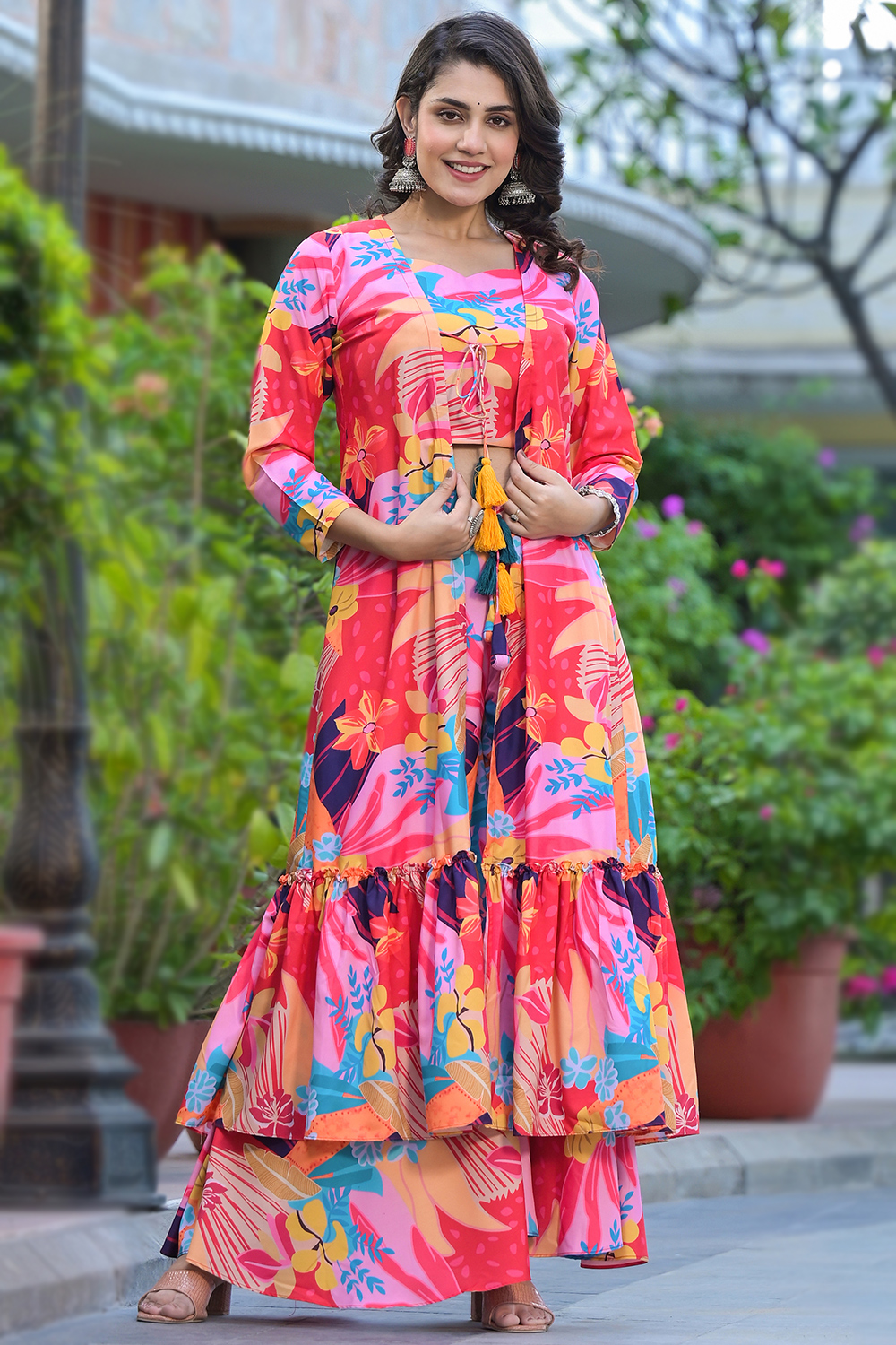 Cotton Multi Color Printed Jacket Style Top With Palazzo Pant