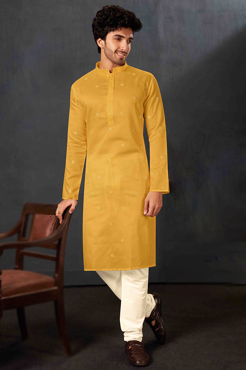 Cotton Mustard Yellow Embroidered Men s Kurta Churidar MKPA06680