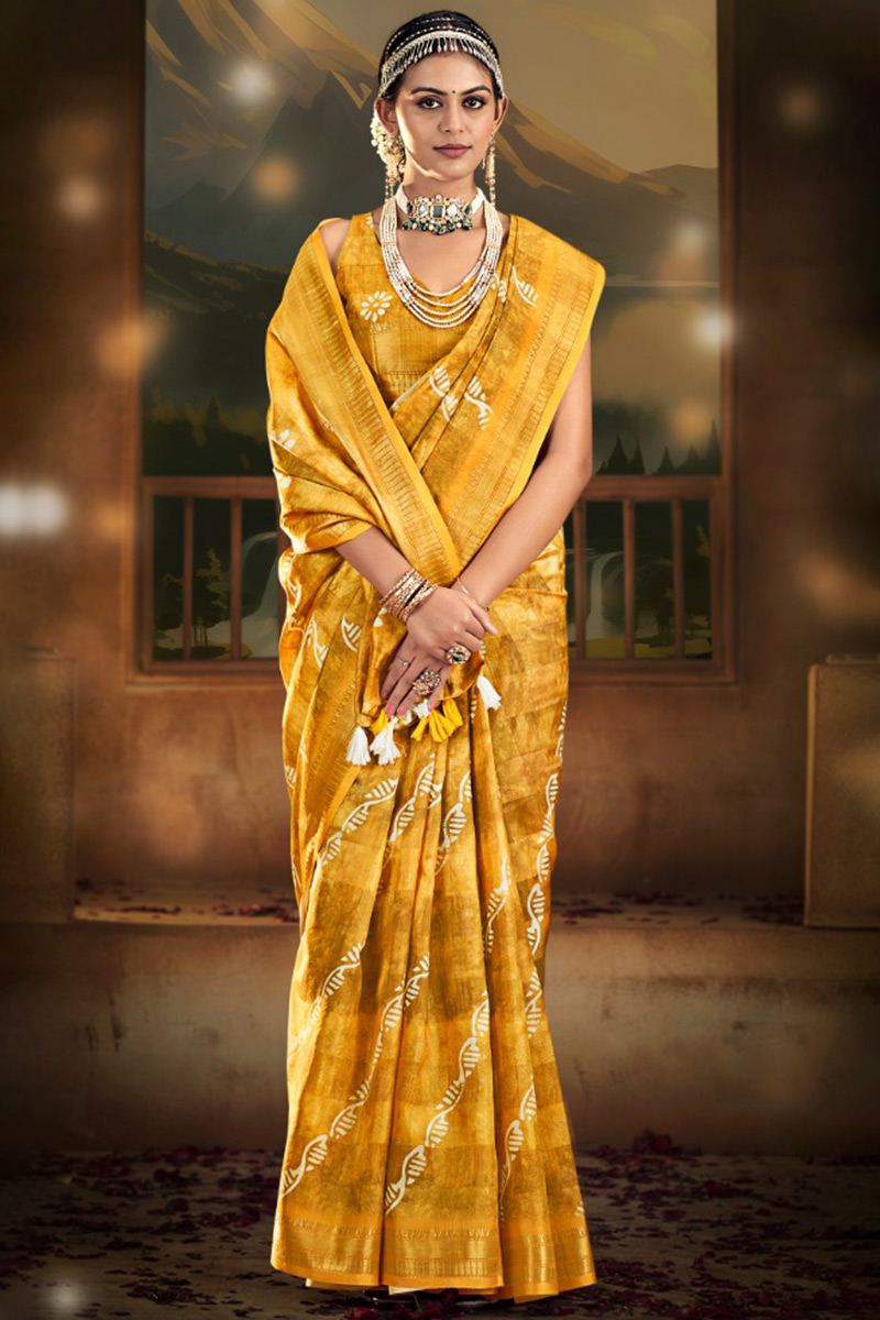 Cotton Mustard Yellow Printed Light Weight Saree