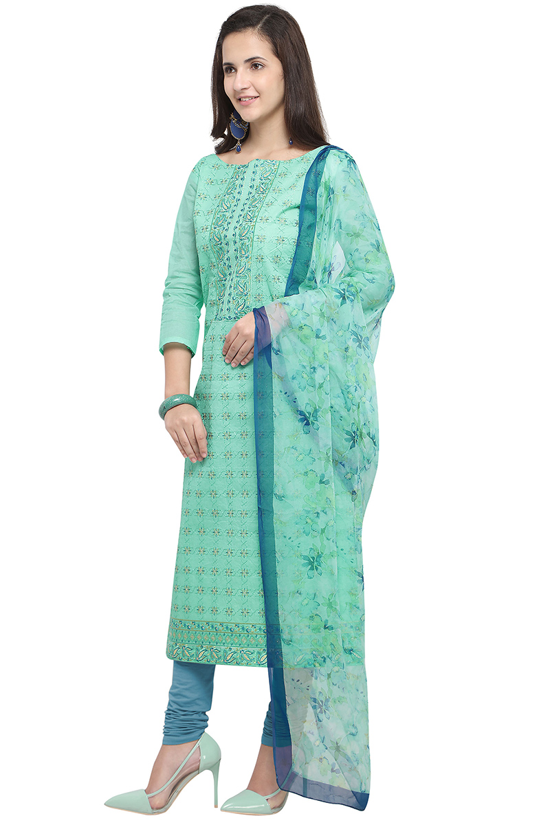 Cotton Pastel Mint Blue Embroidered Casual Wear Churidar Suit