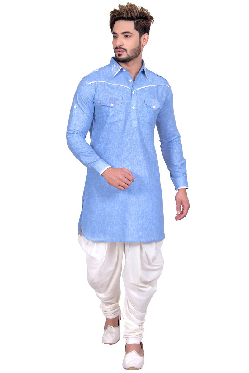 Cotton Men s Dhoti Kurta In Light Blue Colour