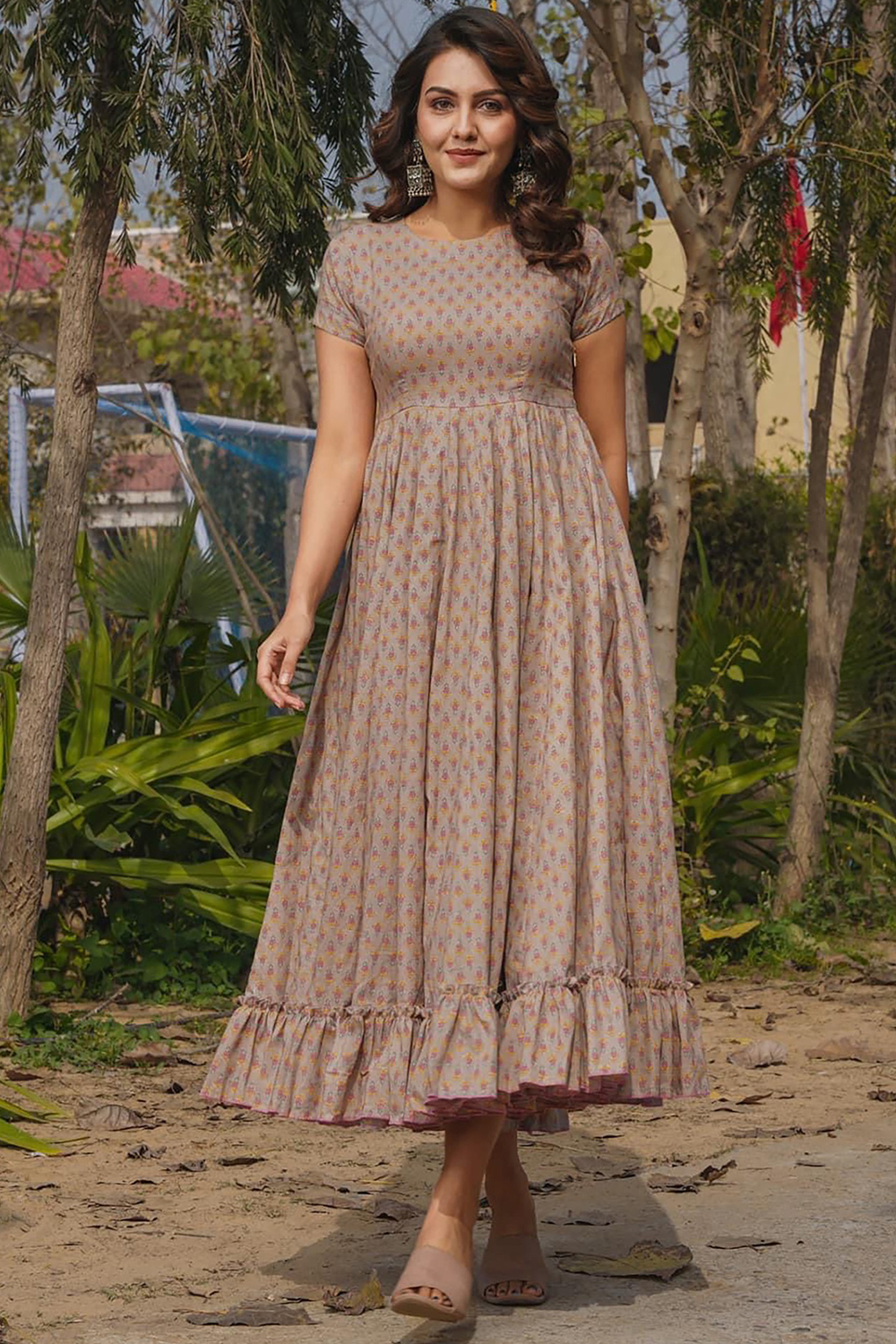 Andaaz Fashion Women's Cotton Rayon Grey Beige Printed Dress for Casual Wear