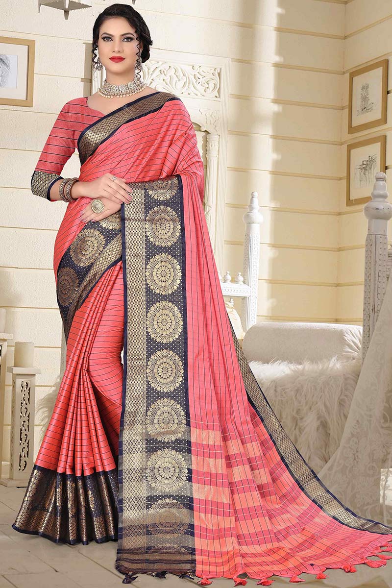 Cotton Silk Party Wear Saree In Pink Peach Color