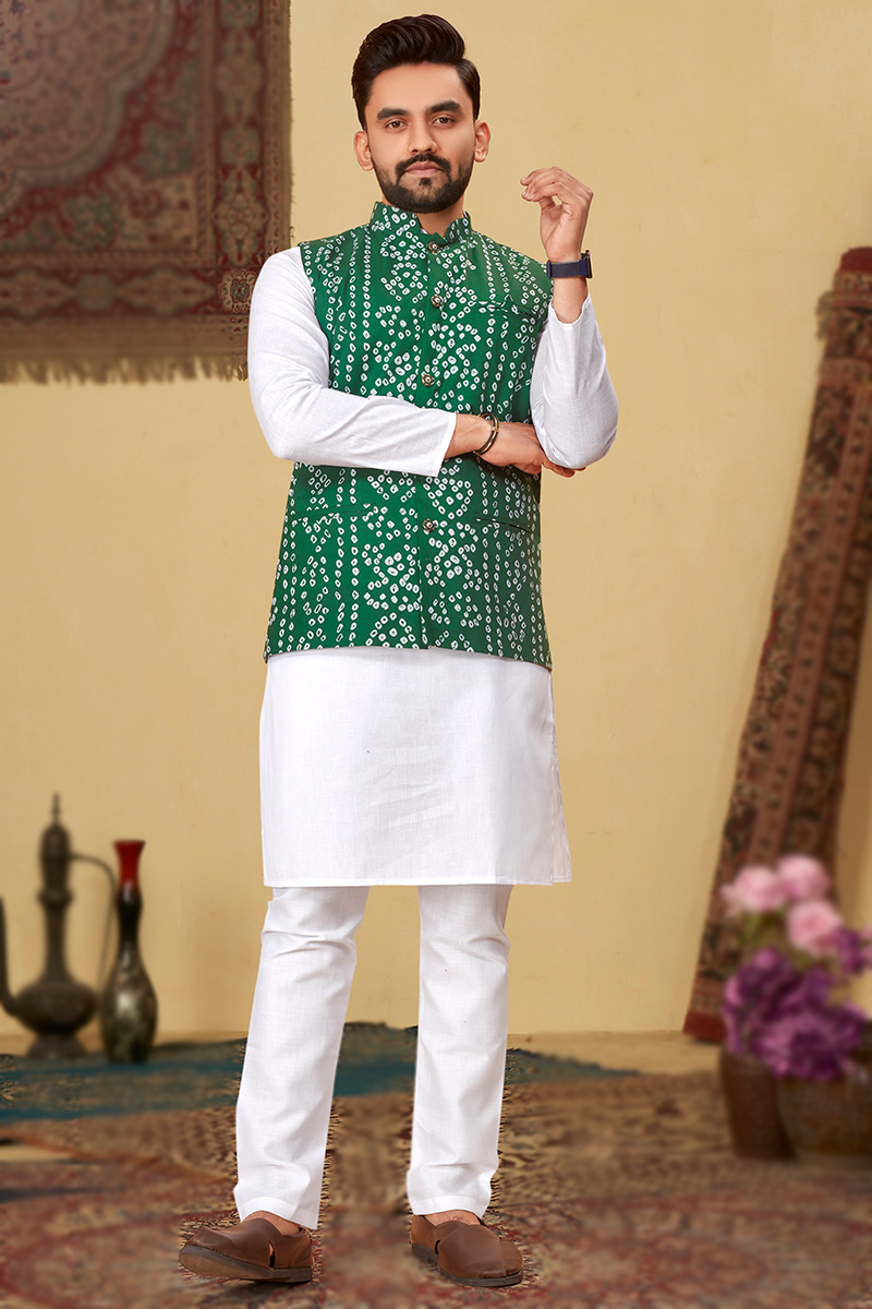 Cotton White Men's Kurta Pajama With Bandhej Print Jacket MKPA07329