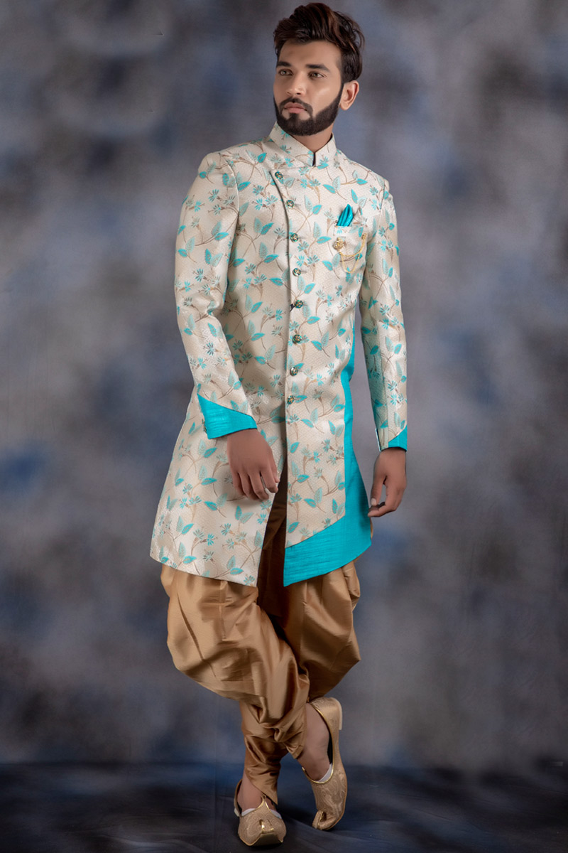 Indian Traditional Wedding Wear Beige Pakistani Designer Jacquad Sherwani 