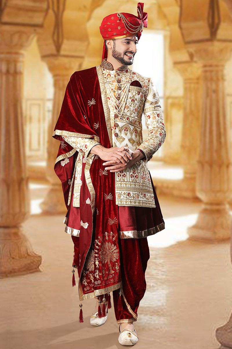 Festival Attire Cream Art Silk Embroidered Men Sherwani MSTV02275