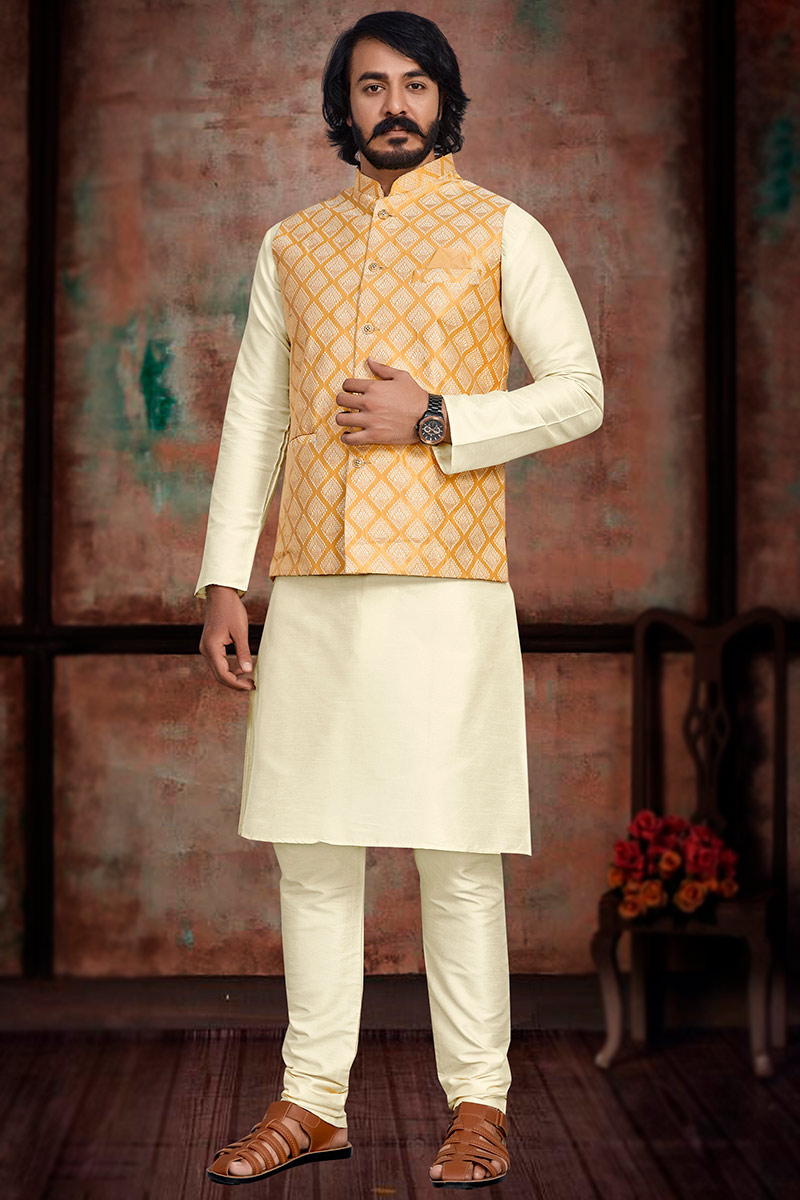 Cream Traditional Art Silk Men Indian Kurta Pajama for Wedding
