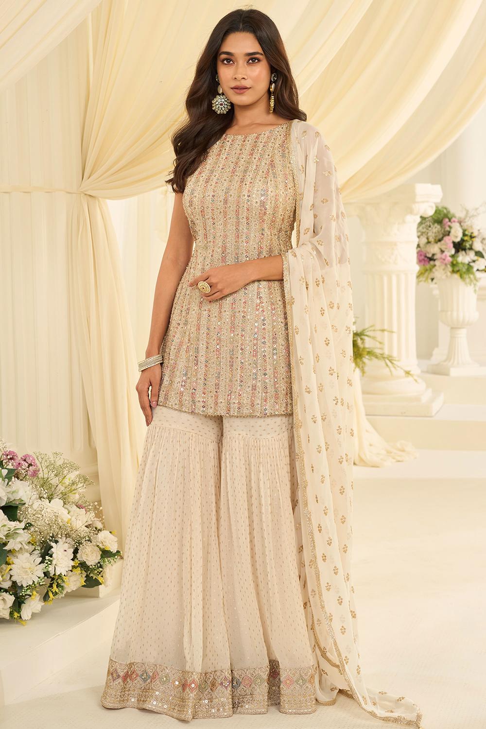 Georgette Sharara Designs Sharara Kameez Suit Smoke-Green Georgette Designer Heavy Salwar-Kameez Suit With Sharara