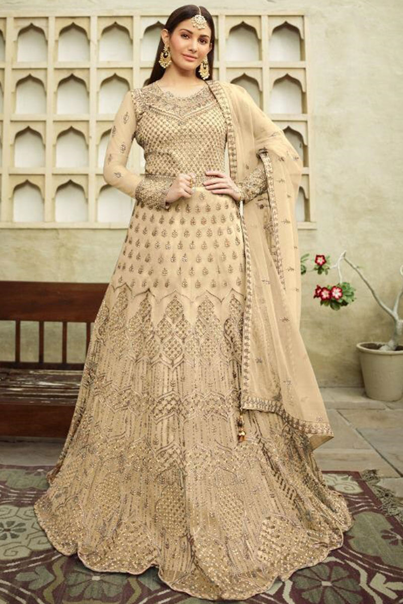 Fashion Guide Zari Embroidered Cream Beige Anarkali Suit LSTV111029