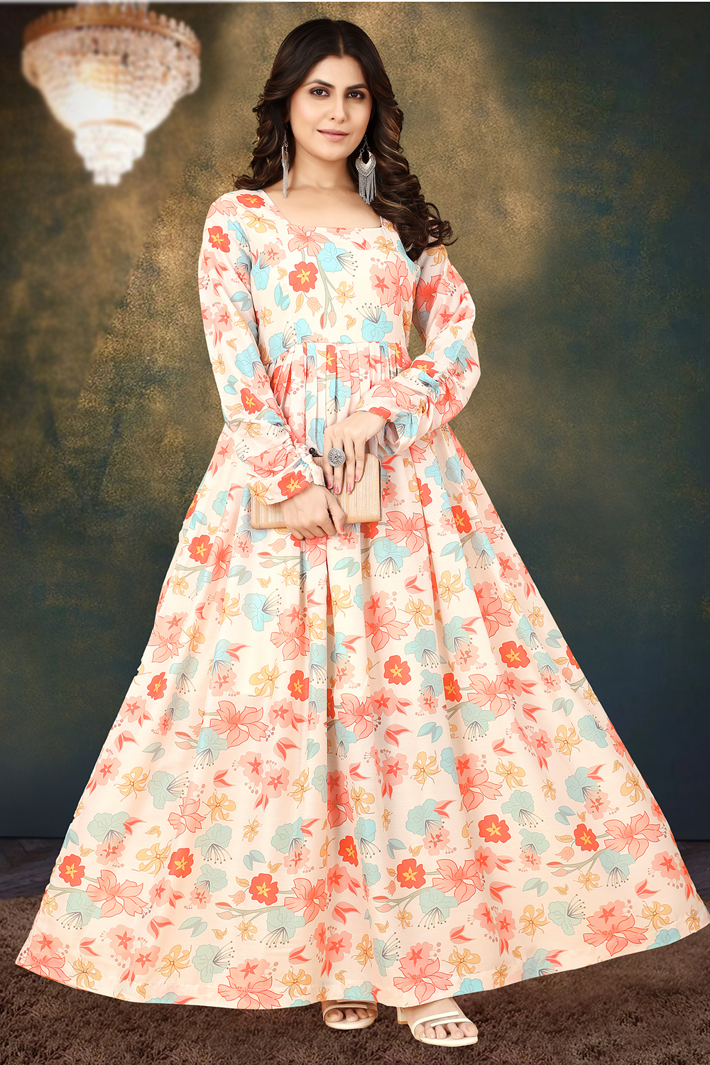 Cream Cotton Floral Print Casual Wear Gown LSTV132229
