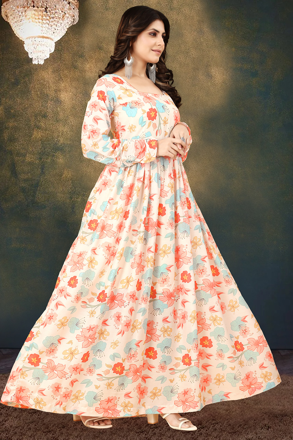 Cream Cotton Floral Print Casual Wear Gown LSTV132229