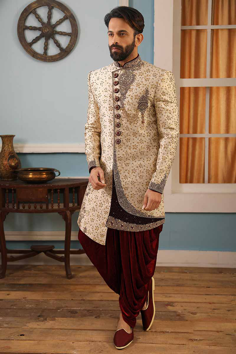 Buy Cream Dupion Silk Designer Sherwani With Dhoti Pant Online - MSTV0070 |  Andaaz Fashion