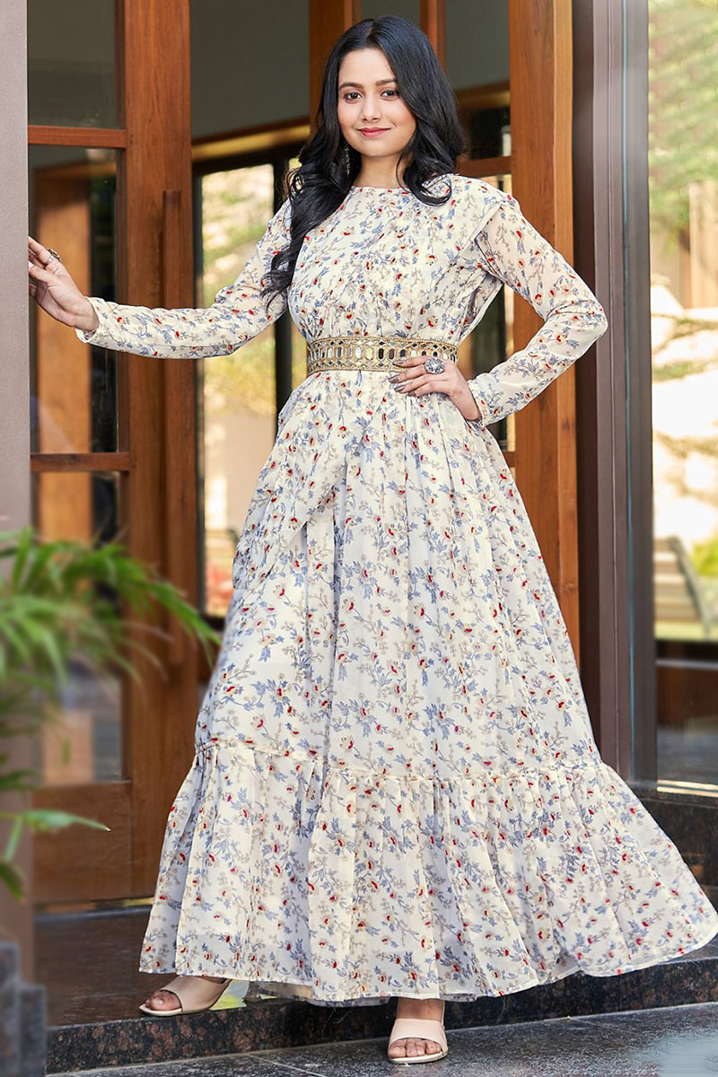 Cream Floral Print Georgette Gown LSTV123676