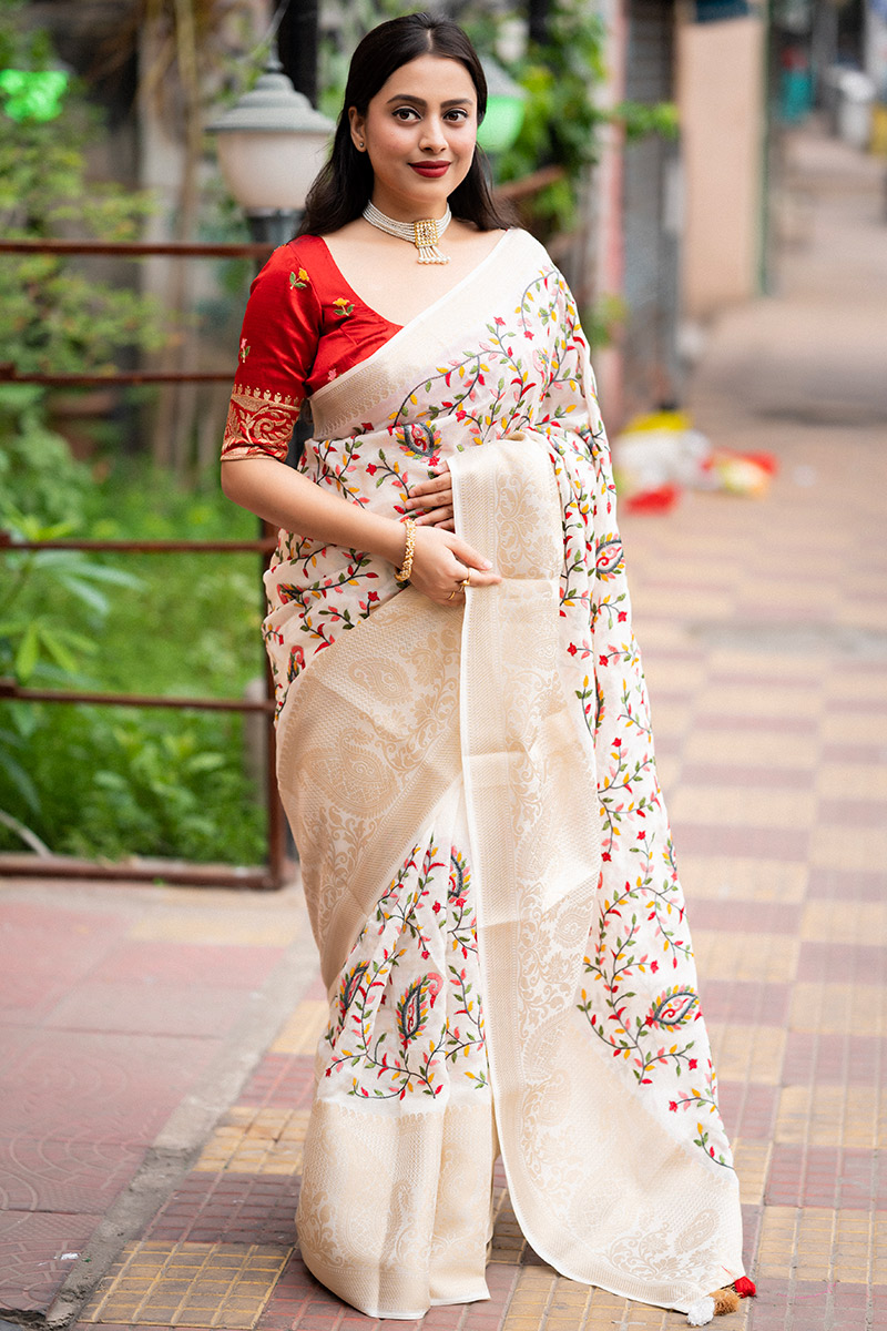 Cream Jute Silk Embroidered Casual Wear Saree