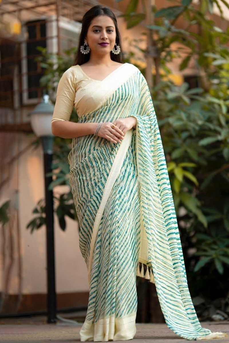 Cream Leheriya Printed Georgette Casual Wear Saree |SARV163925