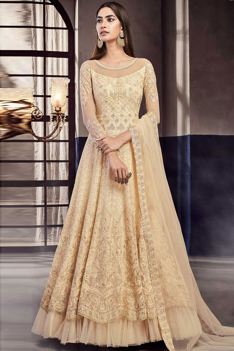 Buy Cream Net Party Wear Anarkali Suit With Stone Work Online
