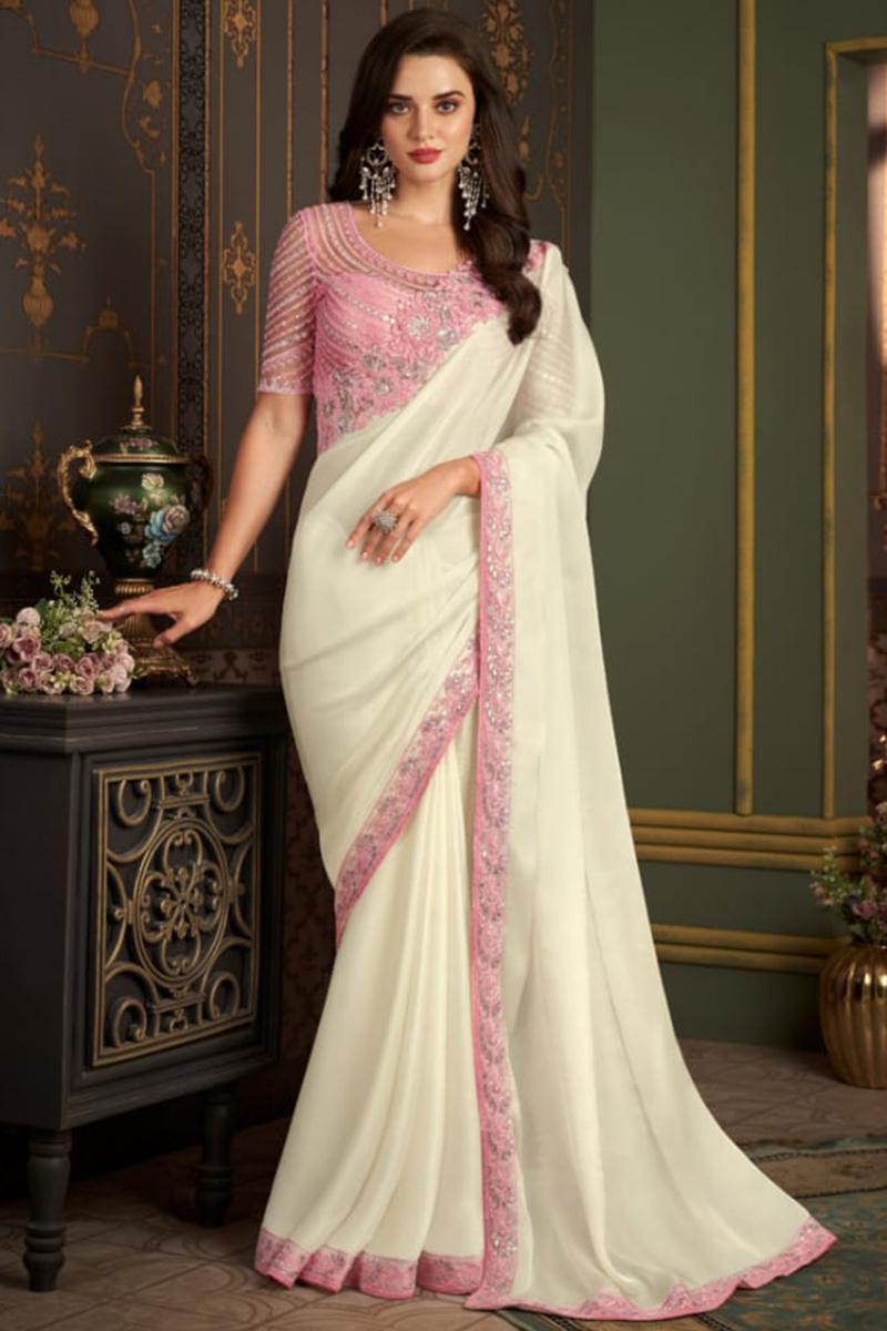 Helenium Sarees Cream Sequins Embroidered Party Wear Silk Saree SARV171208