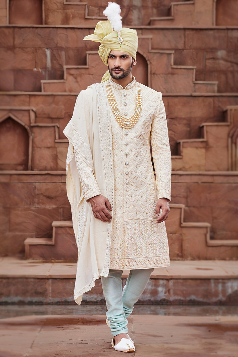 Cream Sequins Embroidered Silk Wedding Wear Men's Sherwani
