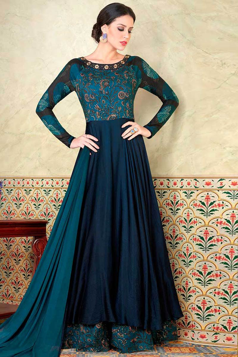 Navy Blue And Teal Blue Cotton And Satin Anarkali Suit- DMV15162