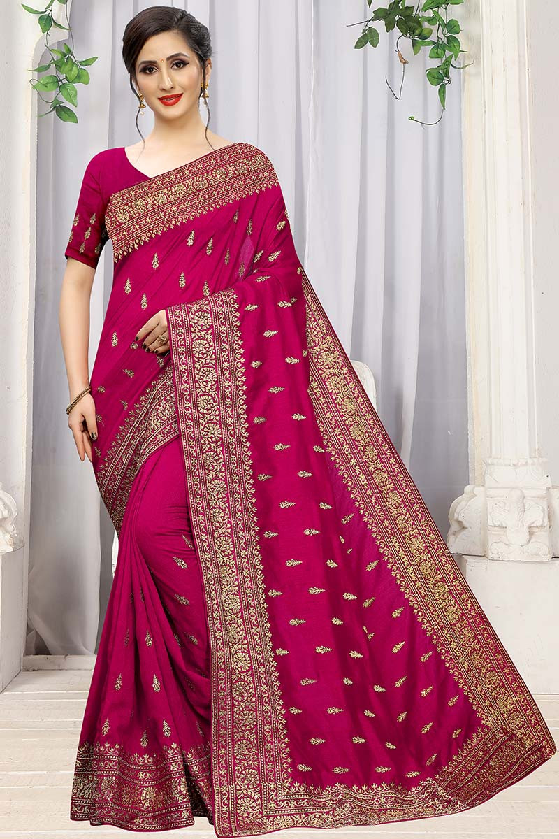 Buy Art Silk Wedding Wear Saree In Rani ...