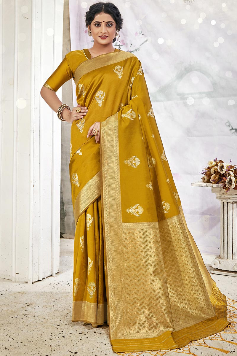Indian Mustard Weaving Zari Border Bollywood Sari Banarasi Silk Party Wear Saree
