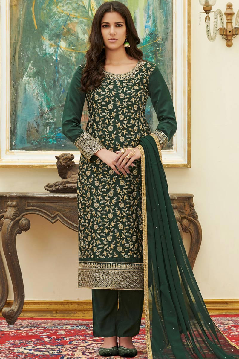 Buy Sangeet Dress Satin Dark Green Trouser Suit LSTV08409
