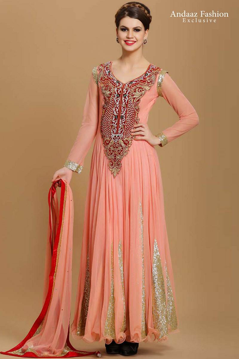 PEACH NET Long Anarkali Churidar Suit