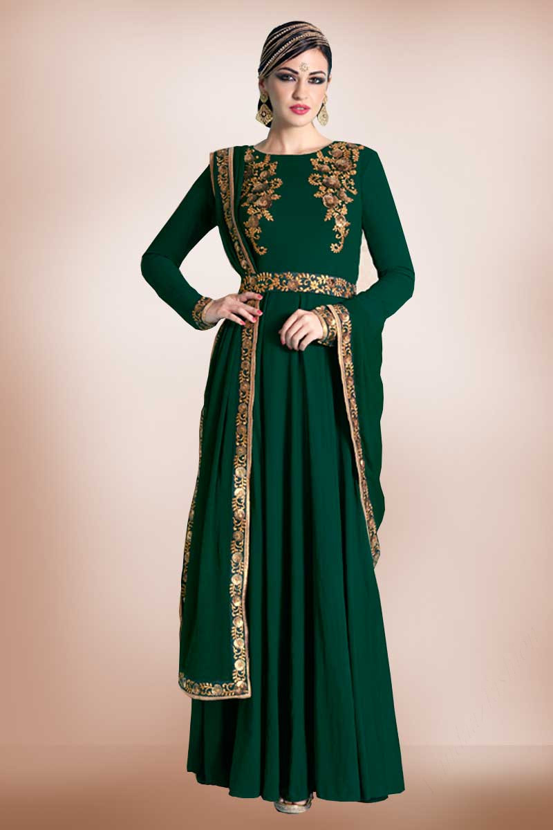 Georgette Bottle Green Embroidered Gown ...