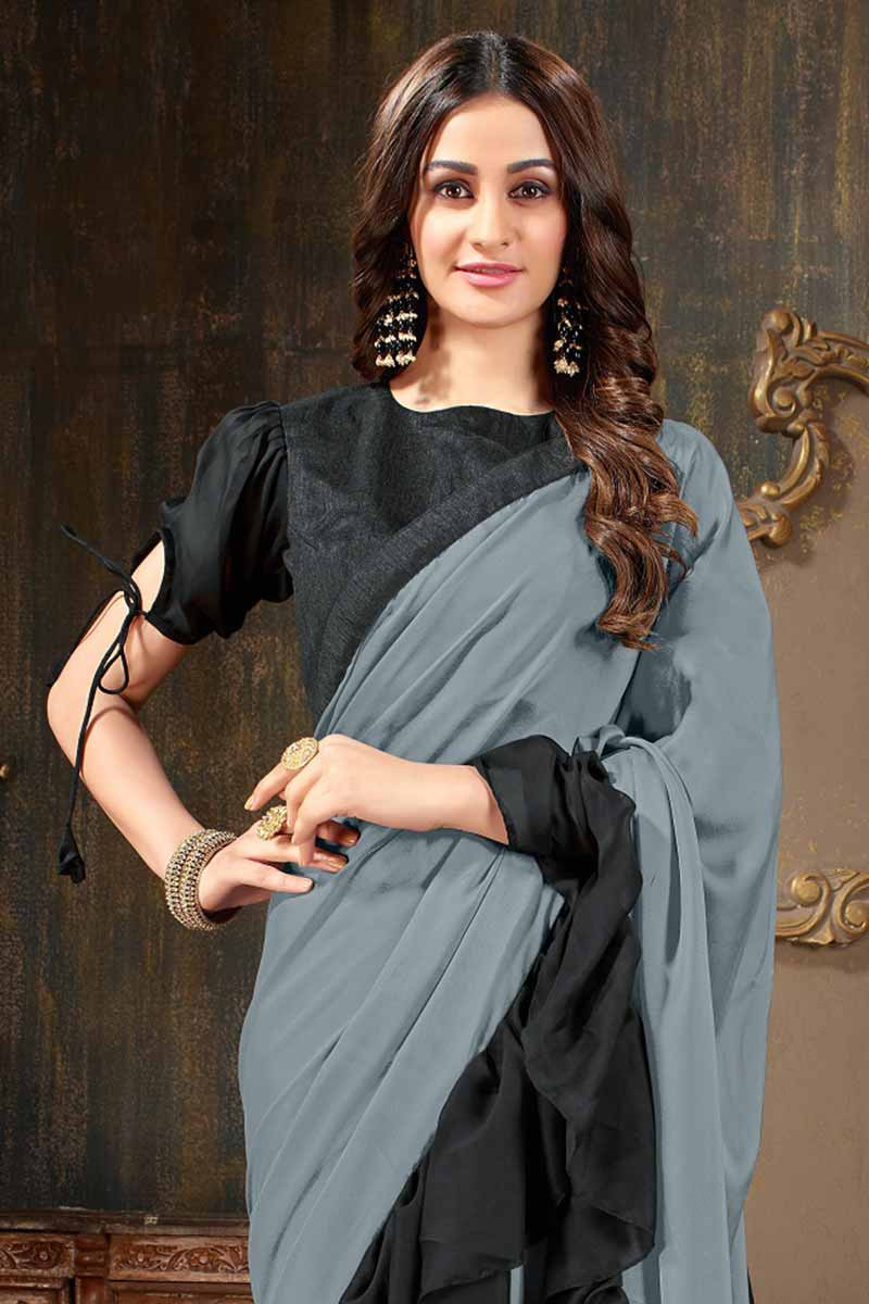 Buy Light Grey Georgette Ruffle Saree With Banglori Silk Blouse Online ...