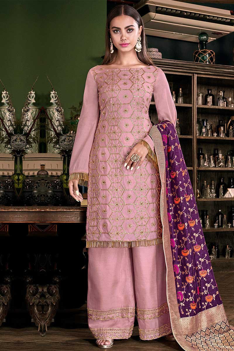Buy Light Pink Silk Palazzo Pant Suit With Dori Work Online - LSTV03829 ...